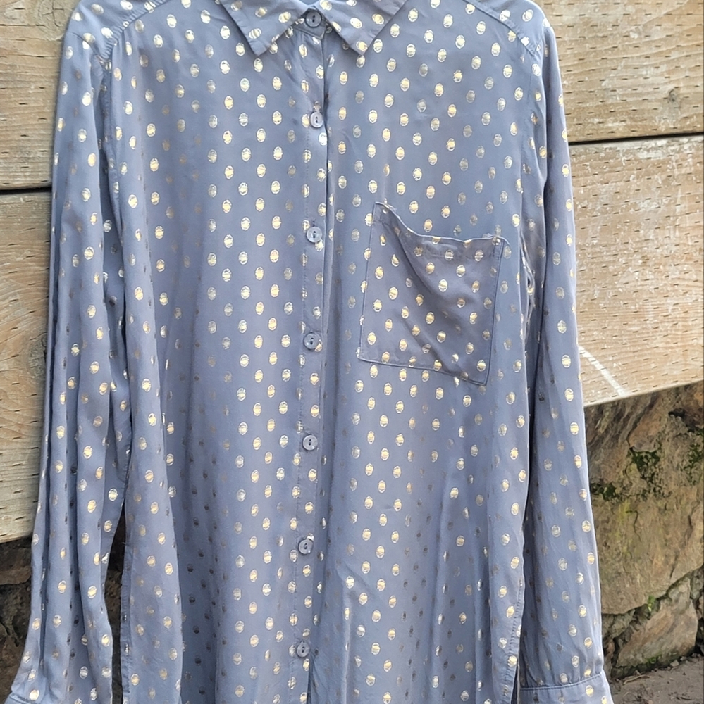 NWOT Anthropologie Monarc long sleeve button down shirt in gray with gold